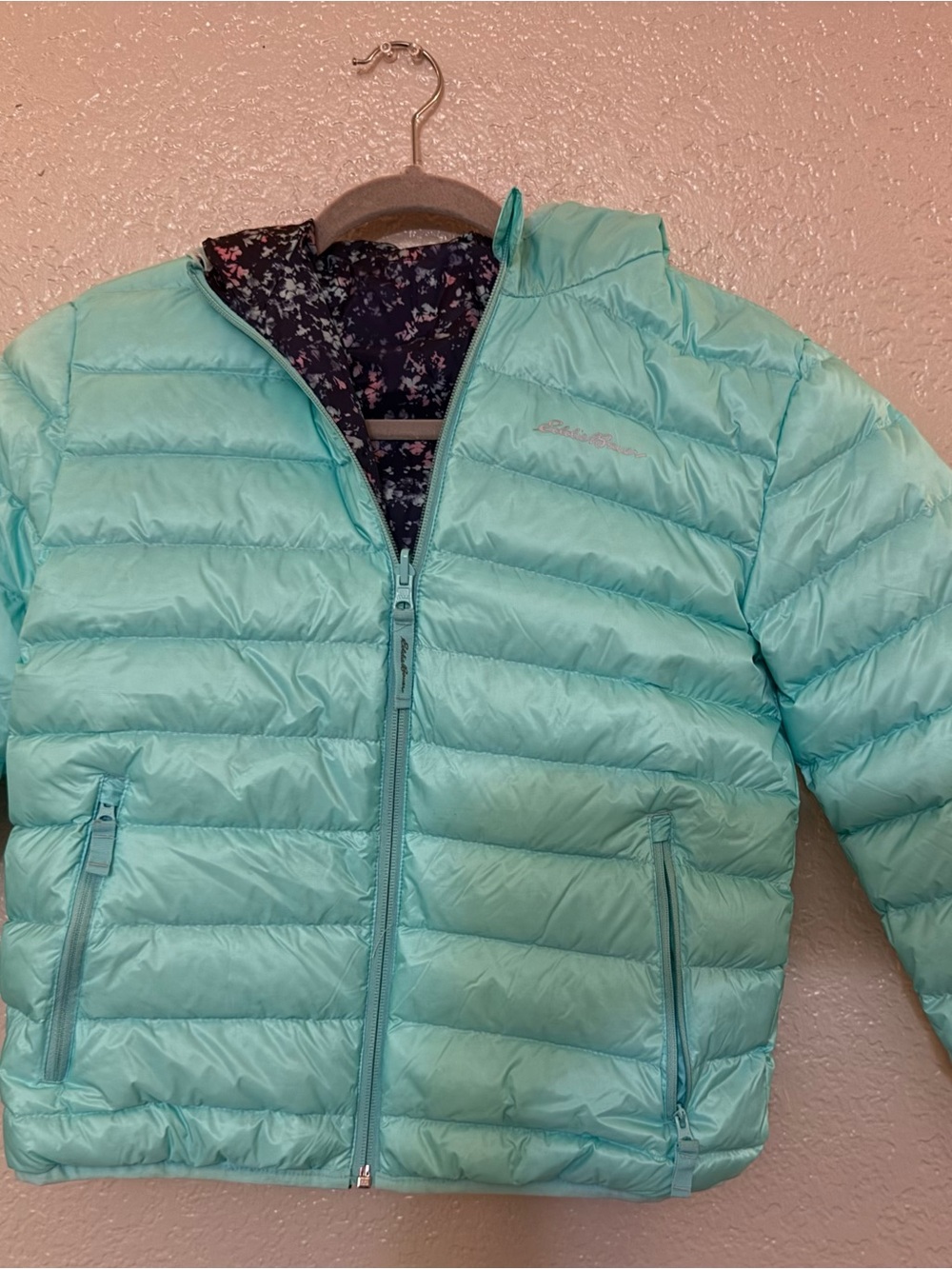 Eddie Bauer Girls' Aqua Teal Quilted Puffer Jacket with Floral Lining
